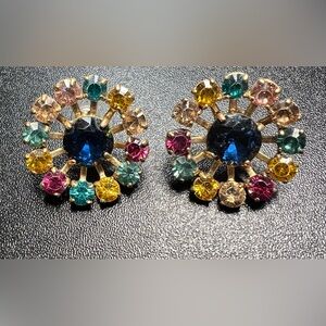 J CREW Round Prong Set Multicolor Crystal Spoke Gold Tone Preppy Classy Earrings